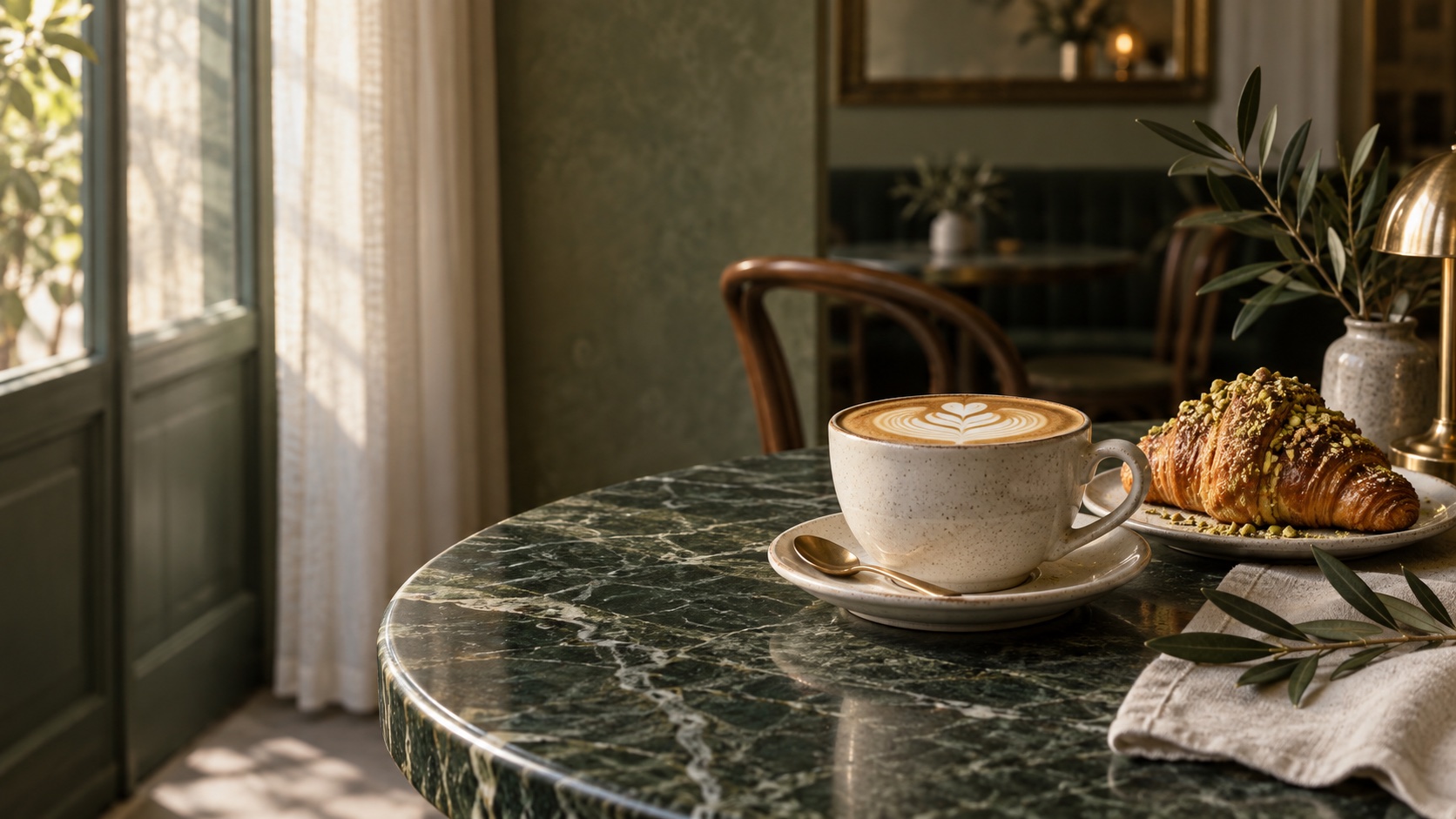 A cappuccino and pistachio croissant on a green marble table at Gabi's
