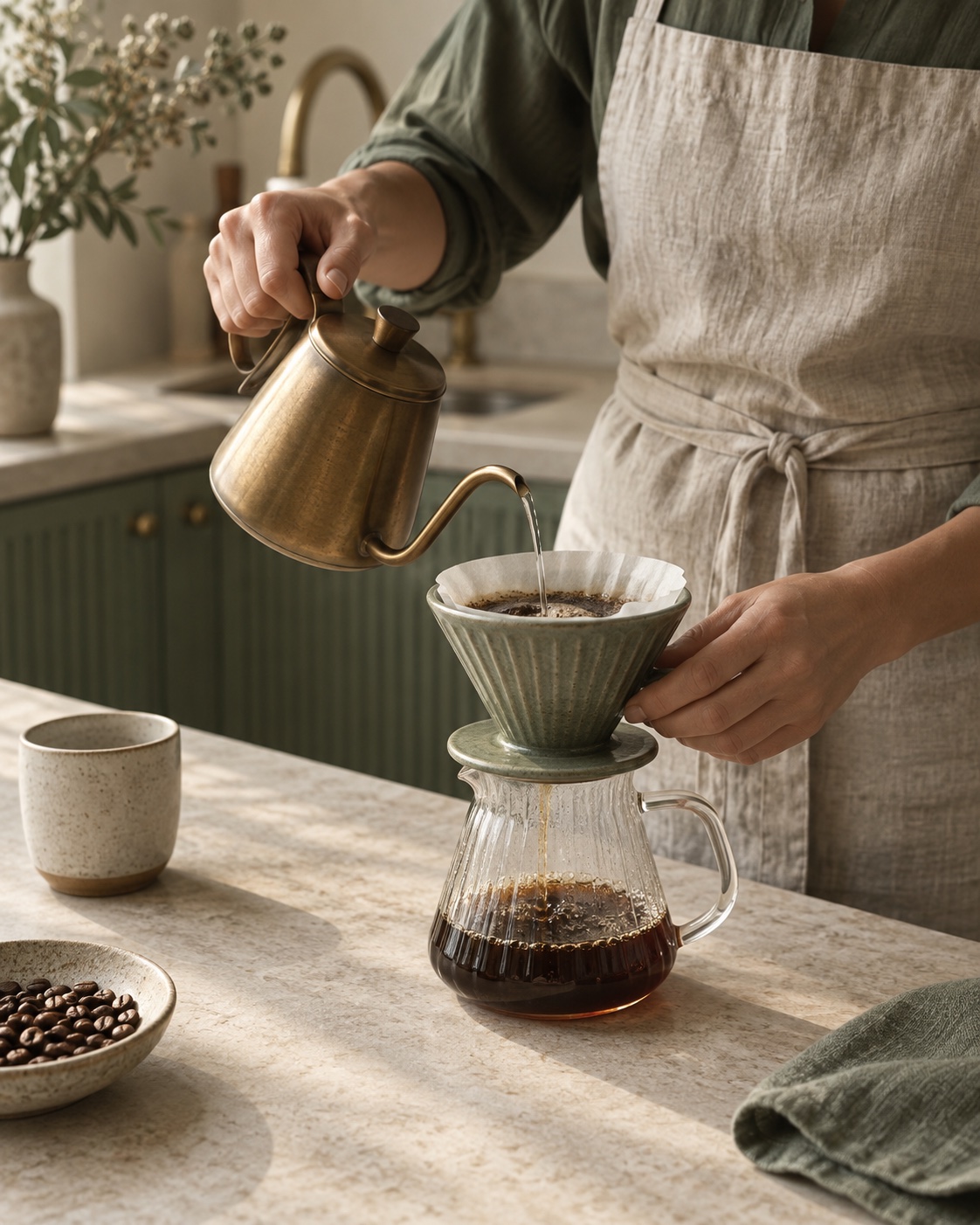 A barista carefully preparing pour-over coffee